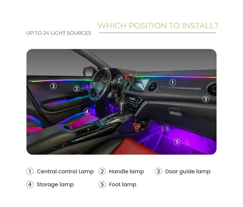 K6 smart car interior light fixed chrome LED strip 265 color modes, ambient light, music sensor 1 year warranty