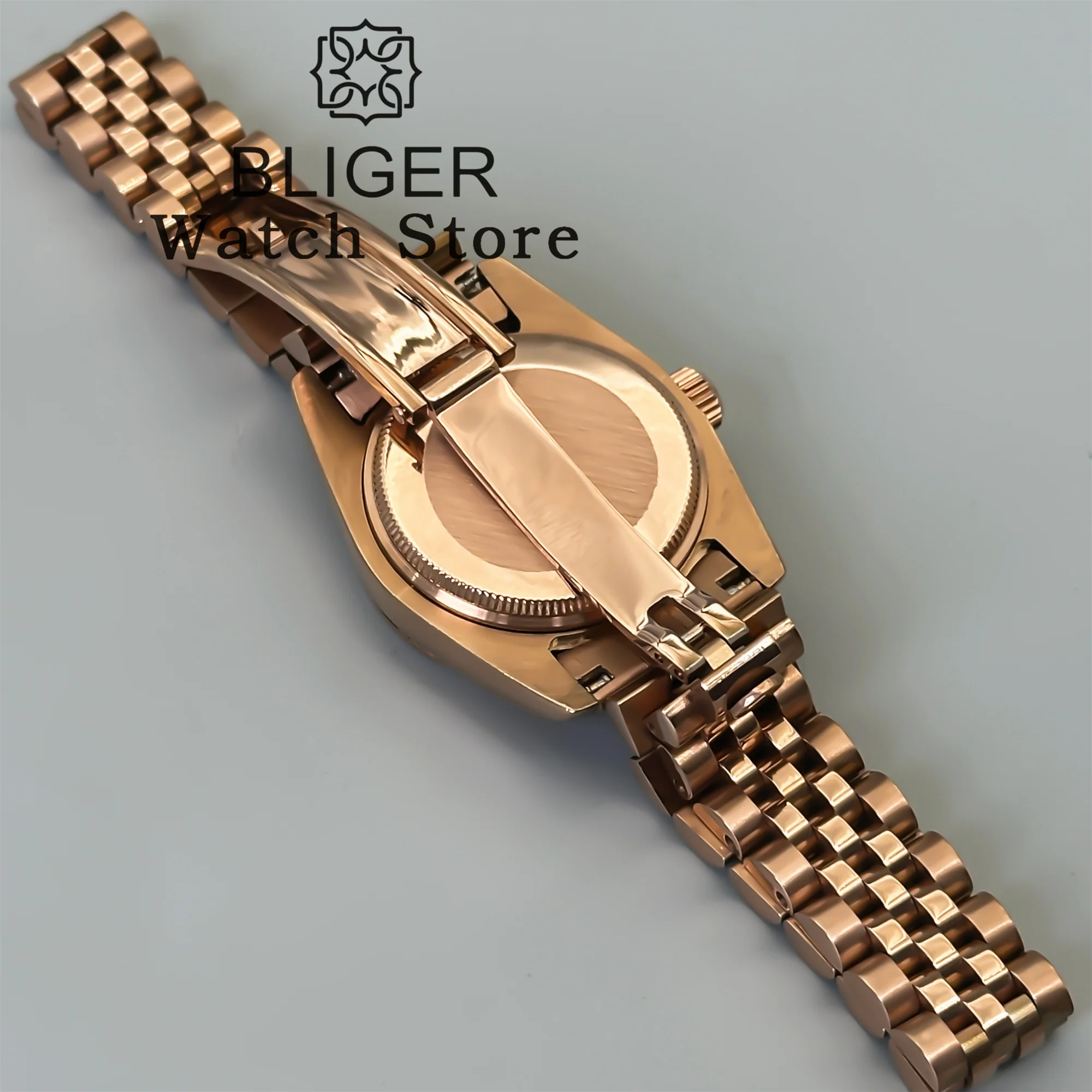 BLIGER 31 мм с бриллиантовым безелем и циферблатом Sunburst Diamond Mark NH05 Автоматические женские часы с сапфировым стеклом Роскошные наручные часы из розового золота