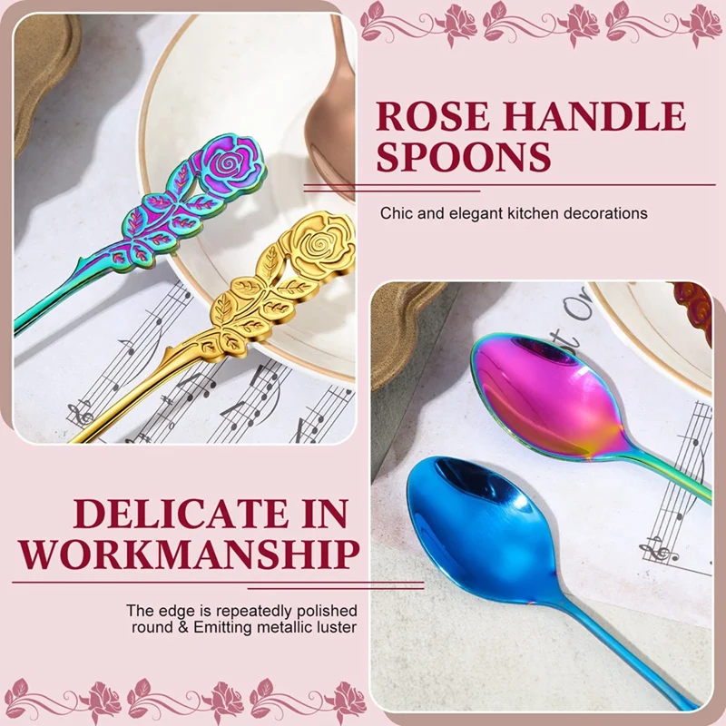 ABHG 6 Pcs 5.1 Inch Small Tea Spoons Coffee Spoons Fancy Spoons Dessert Stirring Spoons Teaspoons Stainless Steel Rose Handle