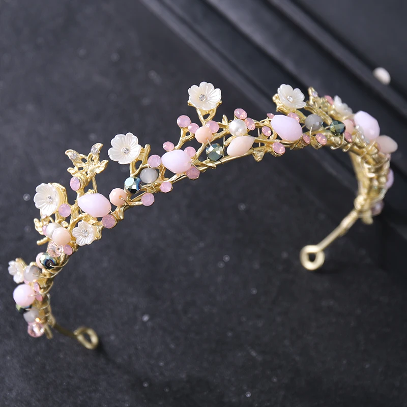 Gold Color Crystal Flower Crown Tiara Headband For Women Rhinestone Prom Diadem Bridal Wedding Hair Accessories Jewelry Crown