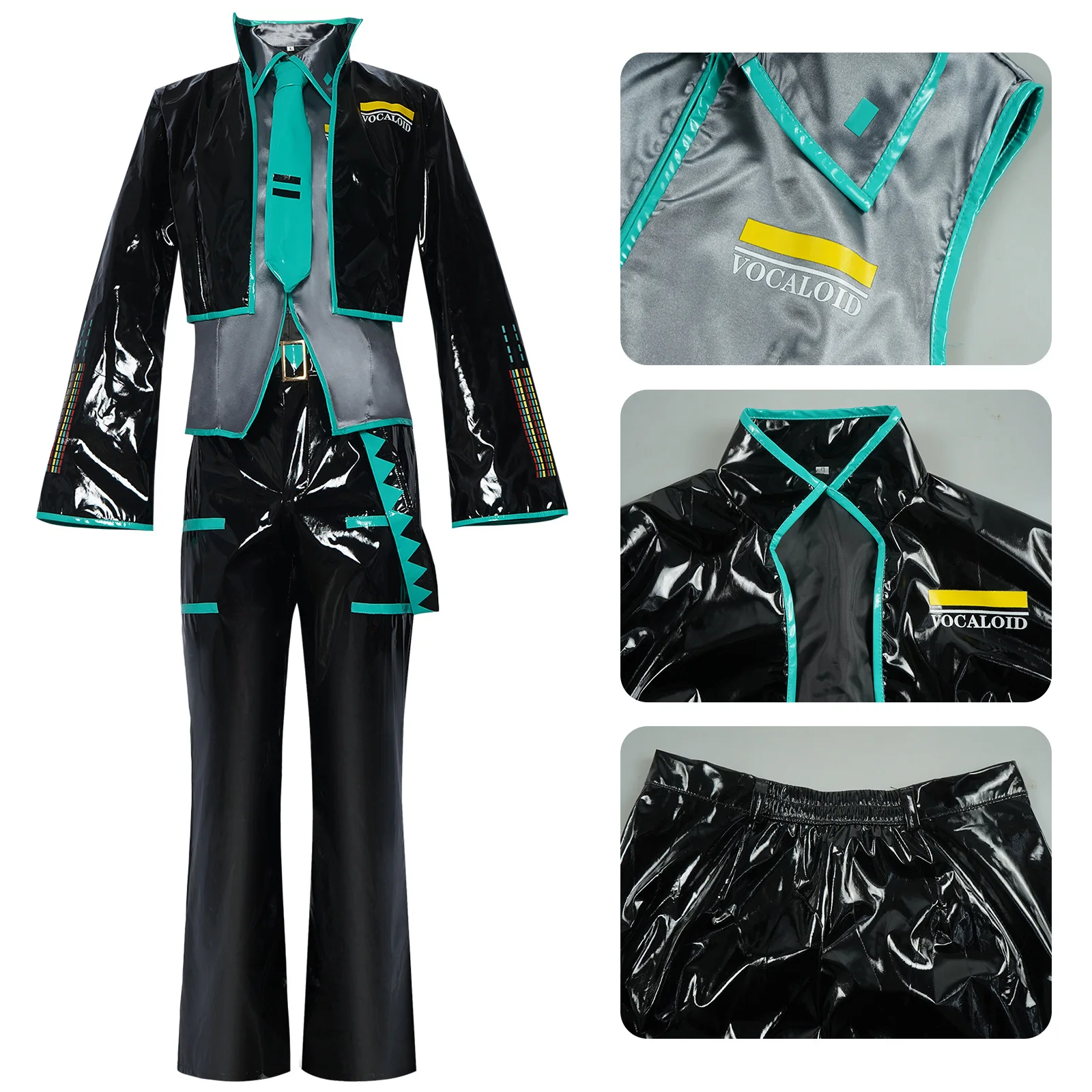 Mikuo ذكر Miku تأثيري حلي موحدة شعر مستعار أنيمي الملابس السوداء بولي Leather سترة جلدية السراويل يتوهم حفلة الهالوين الزي النساء الرجال