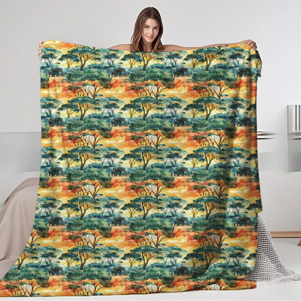 

Year-round Use Flannel Bed Blanket Safari Serenade Watercolor African Art Deco Pattern Luxury Throw Double-sided Throw