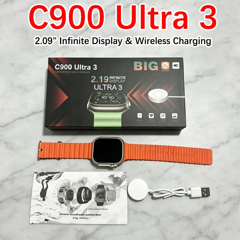 Novo Relógio Inteligente C900 Ultra3 para Homens 49mm 2.09'' NFC, GPS, Chamadas Bluetooth, Música, Jogos, Carregamento Sem Fio