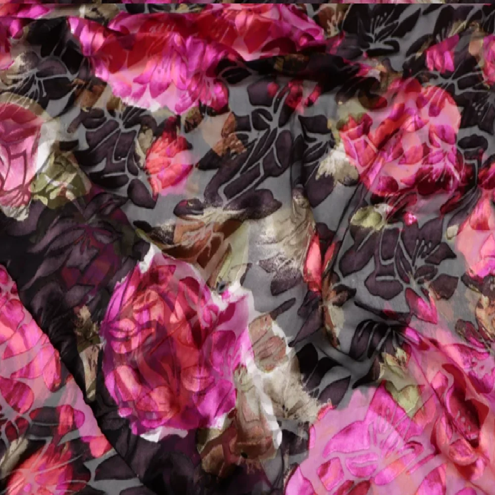 Brown Pink Dark Color Big Flower Hand Paint Style Breathable Opal Silk Burn Out Fabric for Wife Lady Party Shawl Dress view 6