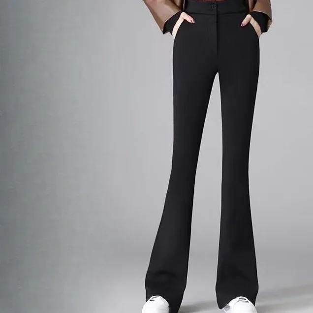 ارتفاع الخصر متوهج السراويل النسائية صوف مبطن أسود سبليت الخريف الشتاء مستقيم الساق السراويل المألوف حجم كبير #3