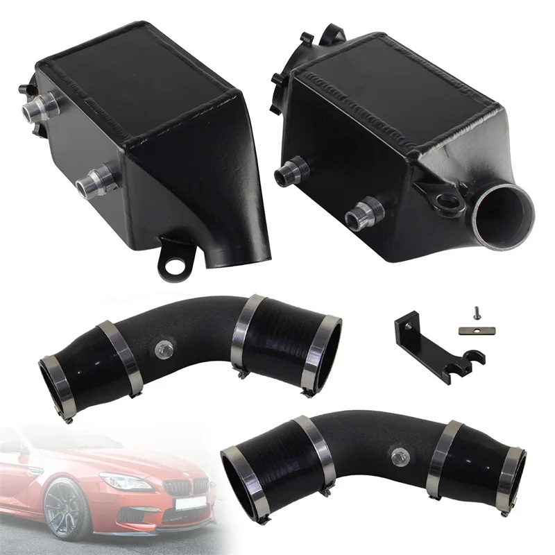 Black Twin Charge Air Intercooler + Turbo Intake Charge Pipe Cooling Hose Kit Performance For BMW 13-18 M5 M6 F10 F12 F13 S63