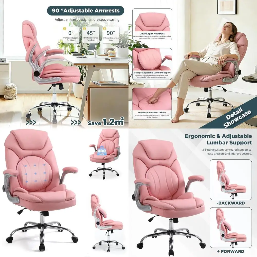 

Эргономичное офисное кресло с регулируемой поясничной поддержкой, 90-120° ° Поворотное кресло-качалка с мягкими подлокотниками, розовое, средний размер (до 300 фунтов)