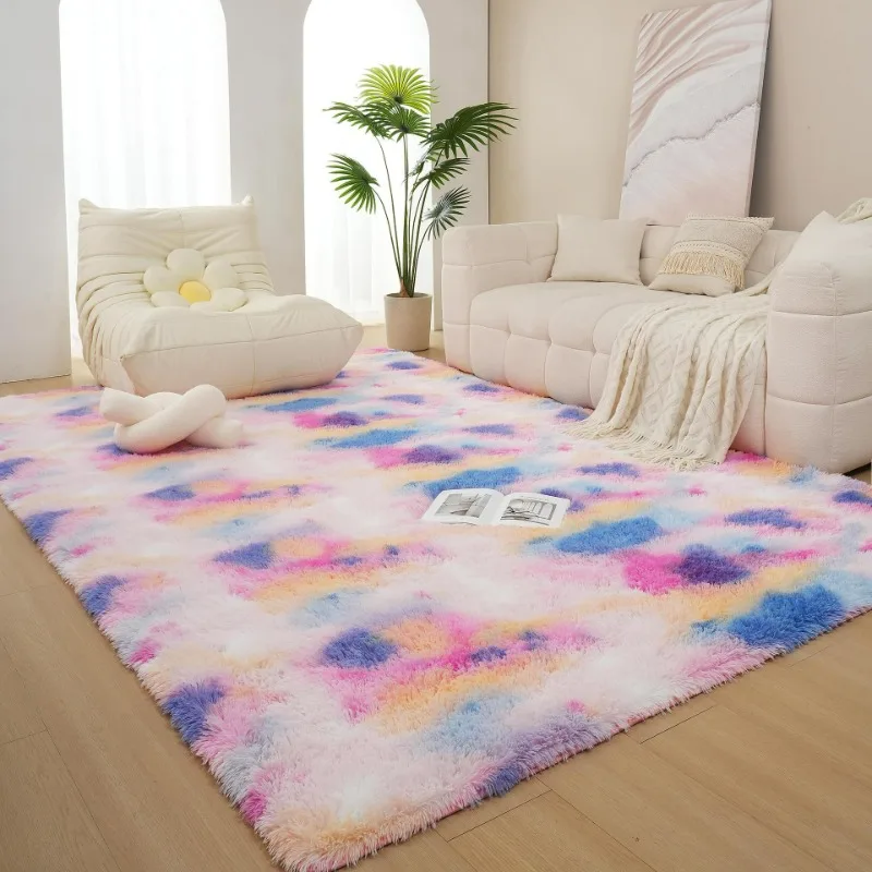 Tie Dye Gradient Silk Wool Long Velvet Carpet, Living Room Coffee Table Mat, Bed Side Washable, Fully Spread Bedroom Carpet