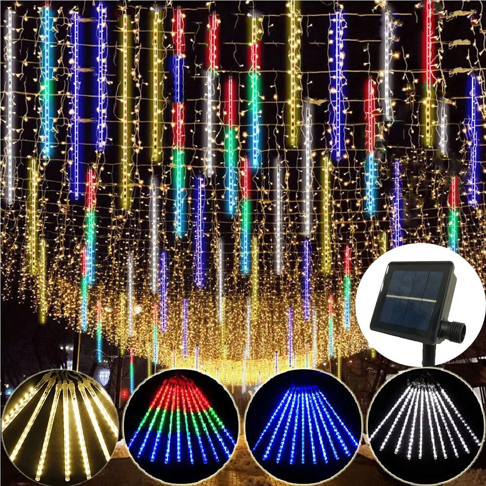 أضواء دش النيزك LED الشمسية سقوط قطرة المطر الجنية سلسلة ضوء مقاوم للماء لحفلة عيد الميلاد حديقة عطلة الزينة