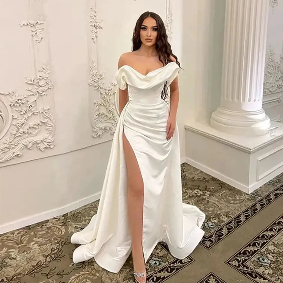 

Elegant Satin Wedding Dresses 2024 For Bride Ribbons Princess Backless Off Shoulder High Split Civil Bridal Gowns Custom Made