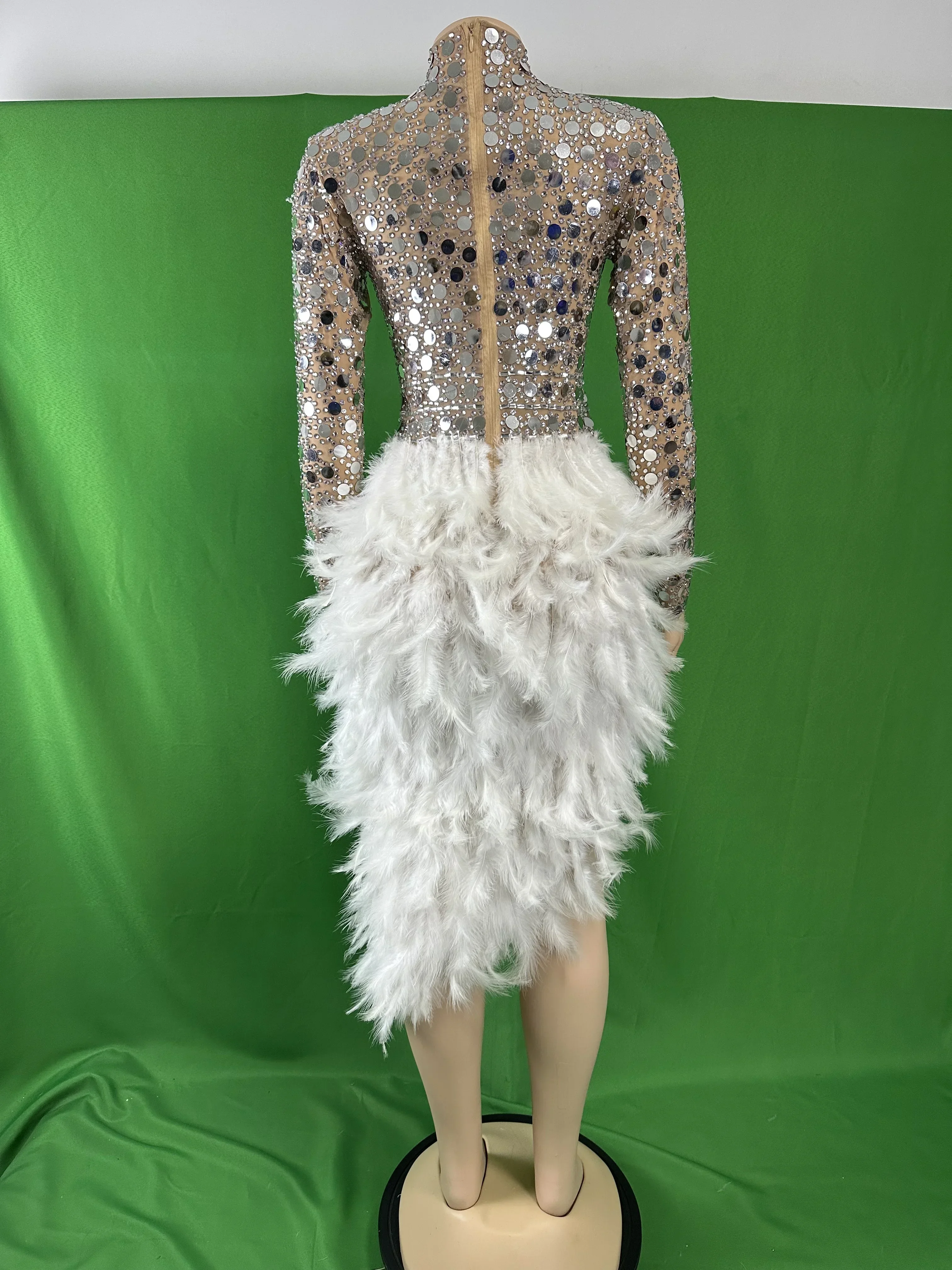 Sparkly Sequins Women White Feather Dress Party Birthday Singer Dancer Stage Performance Drag Costume Carnival Rave Festival