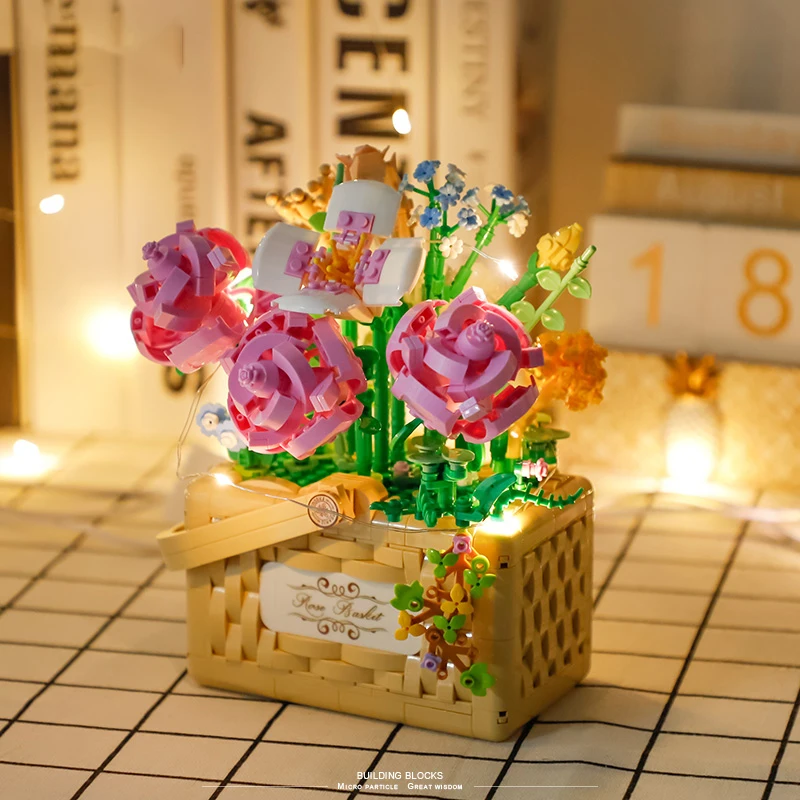 Sunflower Basket Mini Building Block Plants Eternal Flower 3D LED perfume Model Micro Bricks Toys Rose  For Home Decoration