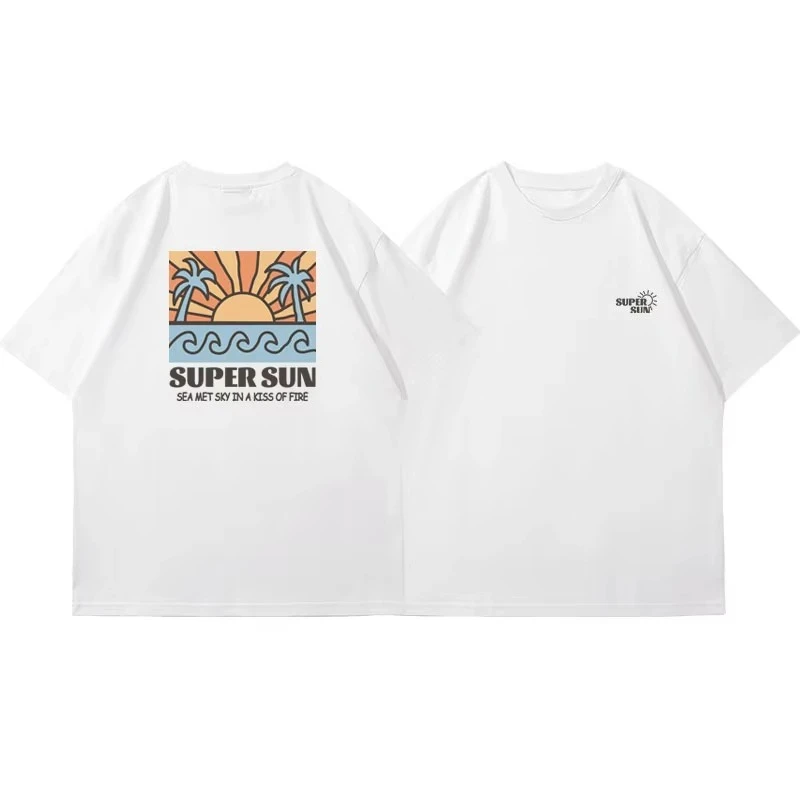 2025 منتج جديد تصميم ريترو سوبر الشمس الطباعة قصيرة الأكمام تي شيرت الرجال والنساء العلامة التجارية العصرية تنوعا القطن الخالص