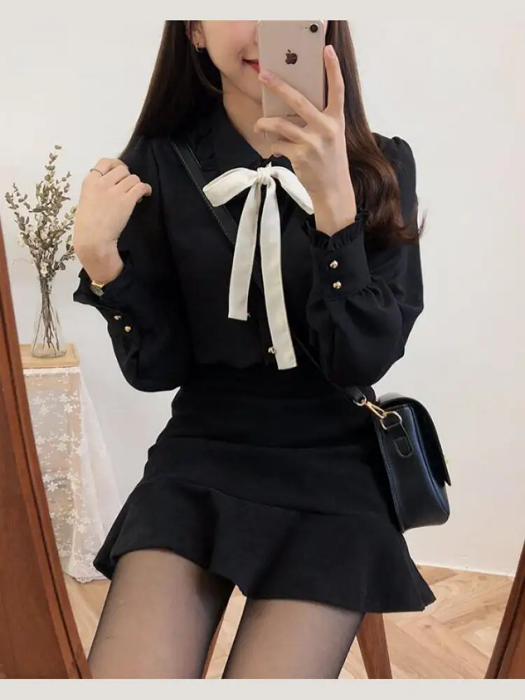 Chiffon Blouses Shirts New Hot Sales Preppy Style Girls Bow Tie Tops Cute Sweet Korean Temperament Lady Peter Pan Collar Shirt