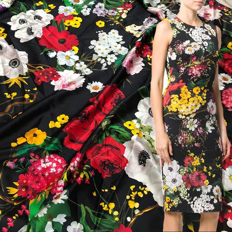 

Черная основа с красочным цветочным принтом, имитирующая шелковую атласную ткань для платья/блузы Telas Para Costura Tissus, материал для шитья своими руками