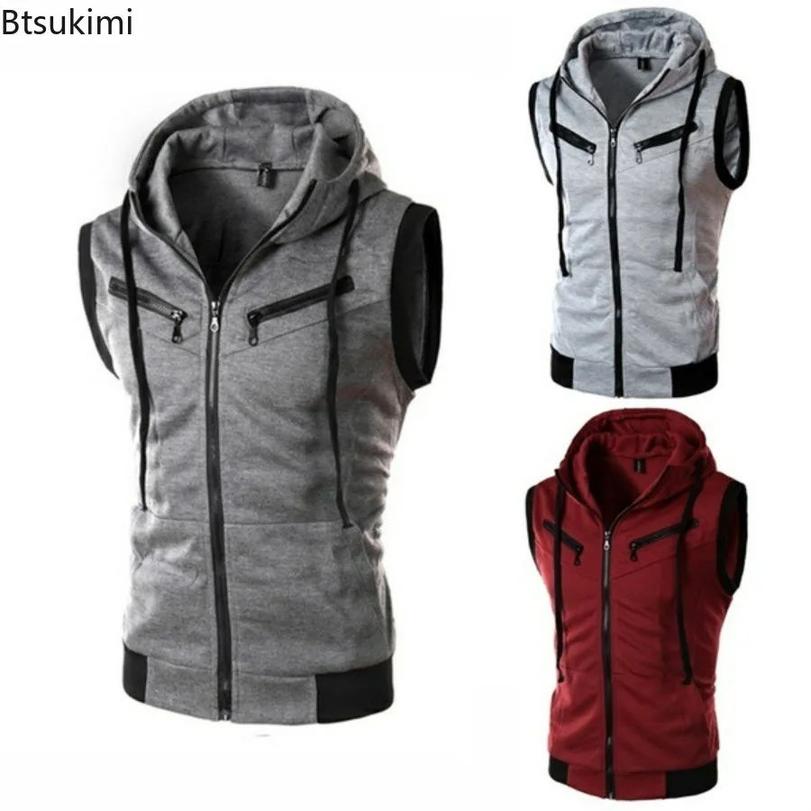 2024 Men\'s Sleeveless Hoodies Fashion Casual Zipper Hooded Sweatshirt Men Bodybuilding Tank Top Sporting Shirt Waistcoat Vest