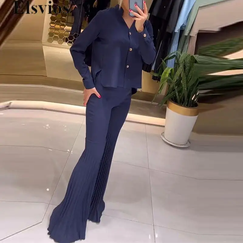 

Elegant Solid Color Office Suit New Autumn Women Loose Two Piece Set Commuter V-Neck Long Sleeve Blouse Top + Flare Pants Outfit