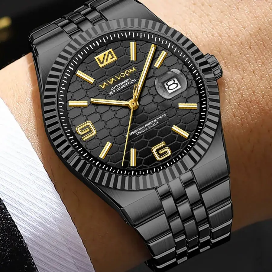 Watch for Men Stainless Steel Business Style 40mm Quartz Movement 3Bar Waterproof Clock Fashion Honeycomb Calendar Wristwatches