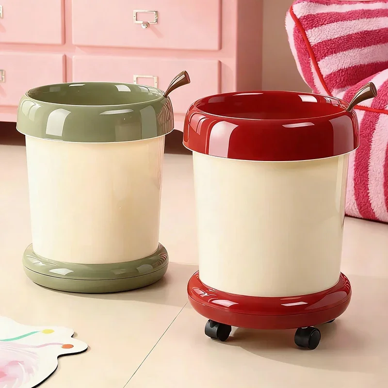 

Creative Cute Apple Core Shape Household Trash Can Hidden Bag Large Opening Design with Wheels Convenient Mobility