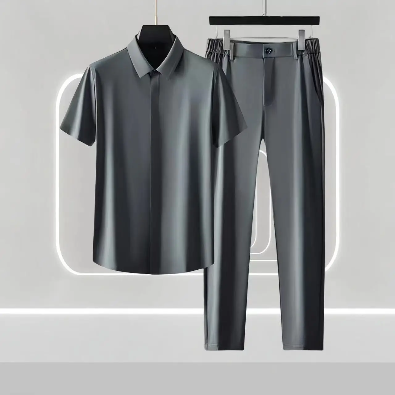 

2025 Summer New Men's High End Business No Iron Light Luxury Imitation Ice Silk Short Sleeved Shirt Set Gentleman Style Set