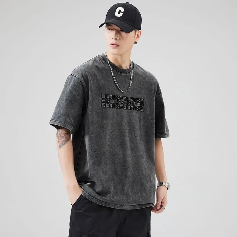 Vintage Plus Size Tops Tees Men's Summer New Short Sleeve Solid All-match Print Letter T Shirts Fashion Casual Men Clothing