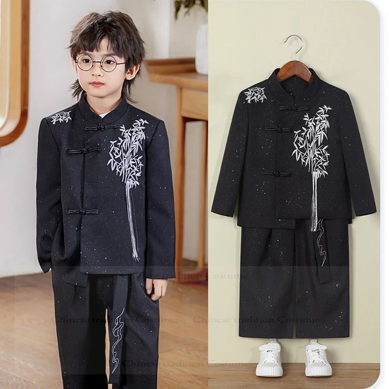 

Новинка 2023 года, детский костюм Hanfu Tang в китайском стиле, костюм для мальчиков, костюм для выступлений на фортепиано, бамбуковое пальто с вышивкой, рубашка, брюки