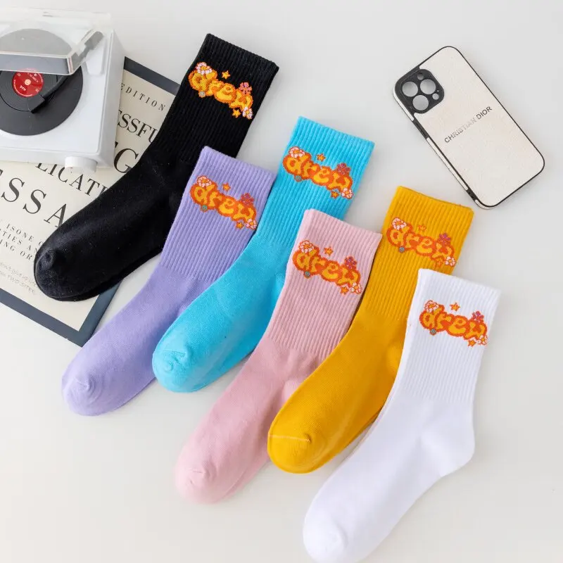 Drew Floral Letter Print Crew Socks Unisex Colorful Cotton Mid Calf Socks Hip Hop Streetwear Fashion Graphic Sports Socks For Me