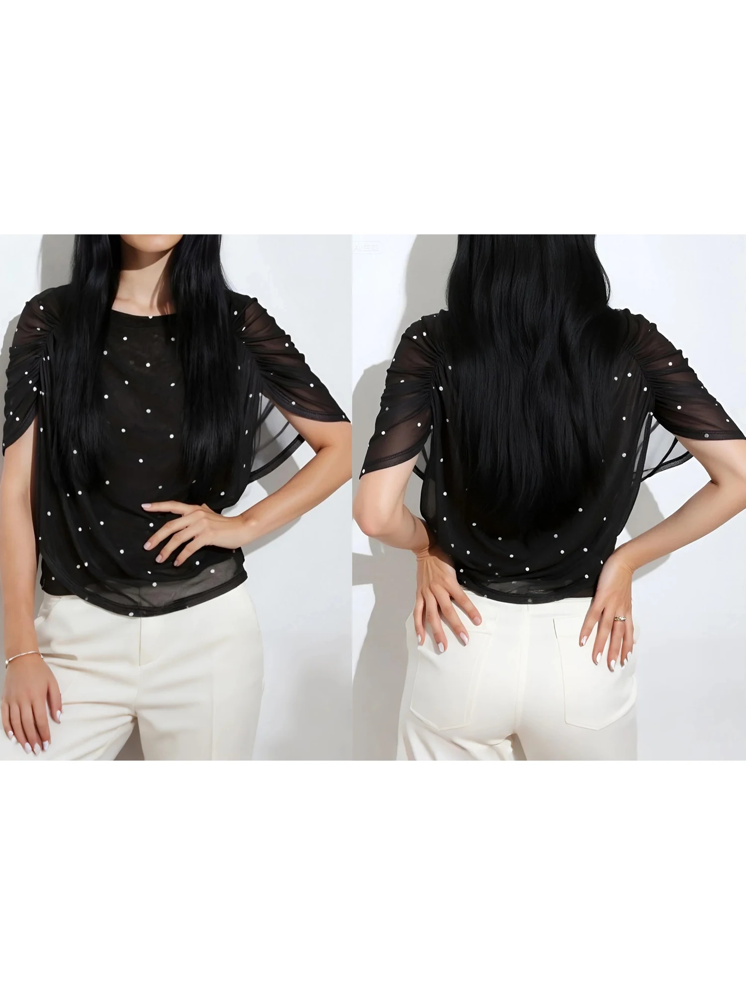 Blusa elegante de gasa con estampado floral, escote barco con volantes y mangas tipo capa de doble capa para un estilo elegante de verano