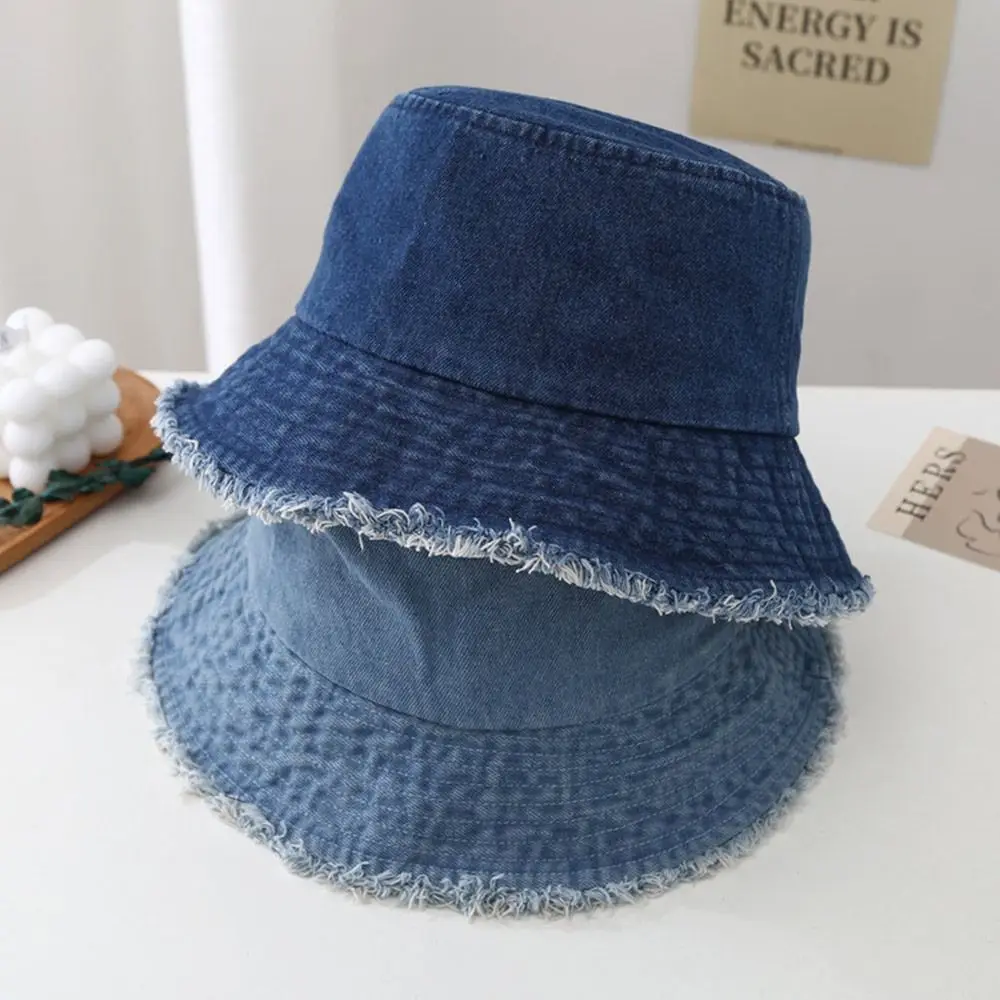 Sunscreen Hat Solid Color Fur Denim Fisherman Hat Denim Style Men Women Bucket Hat Fringed Edge Summer Vintage Bob Hat