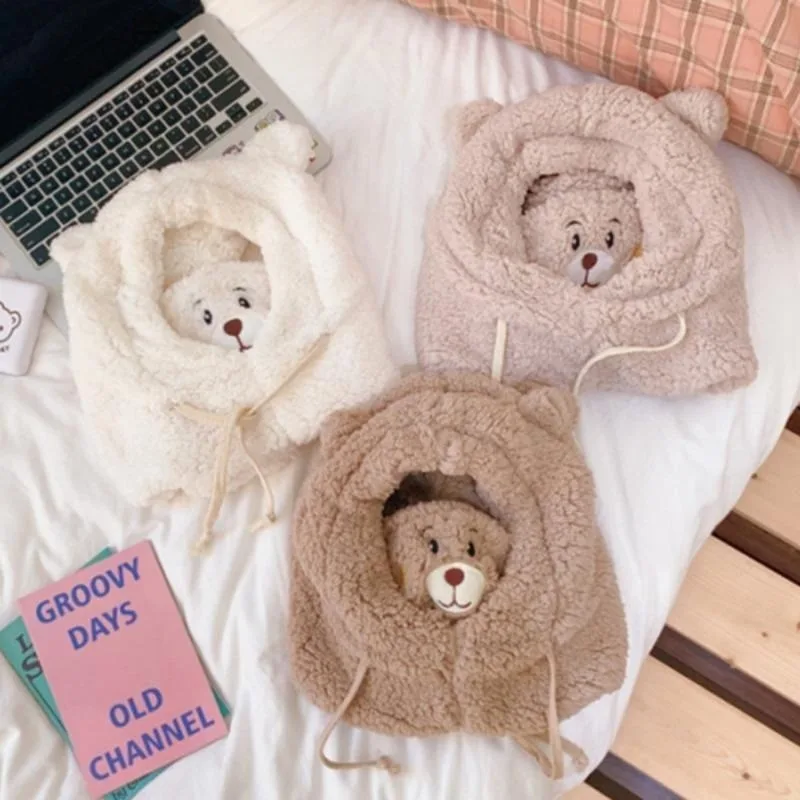 New Cute Bear Scarf Hat Earflap Hat Winter Warm Thickened Plush Cap Outdoor Windproof Ear Protectors Hats with Warm Mask