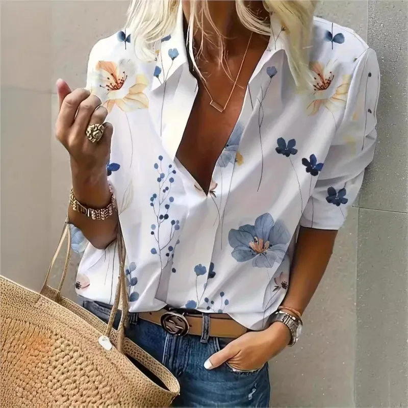 

Fashion Flower Printed Long Sleeve Shirt Women Tops 2024 Sping Autumn Casual Buttons Office Lady Blouses Women's Elegant Clothes