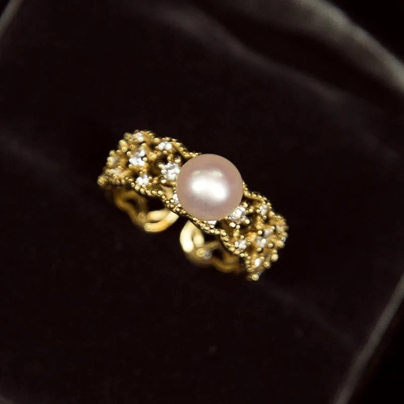 New in Vintage copper inlay zircon pearl hollow out ring light luxury exquisite hight quality rings for women wedding jewellery