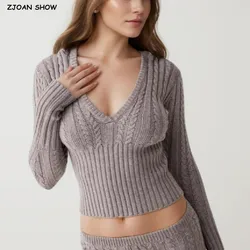 2024 Women Solide Gray Twist Line Knitted Hooded Sweater Vintage Slim Crop Pullover Knitwear Full sleeve Jumper Tops White