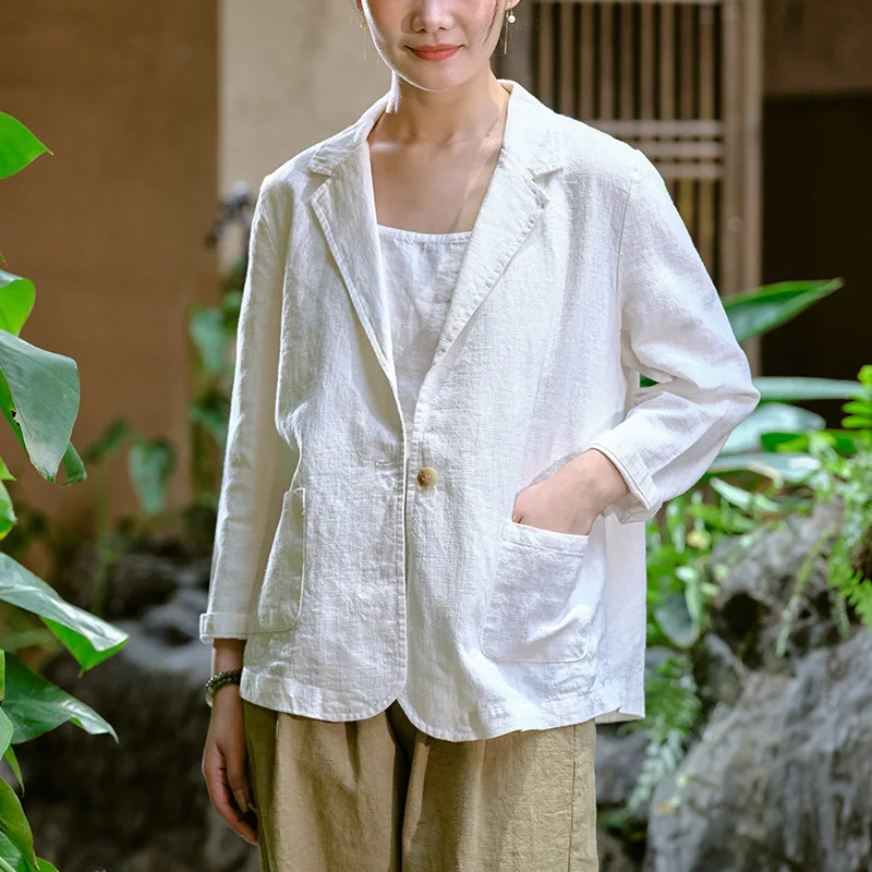 New Arrival Spring/summer Women Loose Single Breasted Notched Collar Blazers Casual Long Sleeve Vintage Cotton Linen Coats Y127