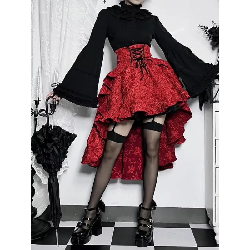 Women Retro Gothic High‑Waist Swallow‑Tail Skirt, Lace‑Up Asymmetrical High‑Low Hem Skirt, Steampunk Vintage Party Bottoms