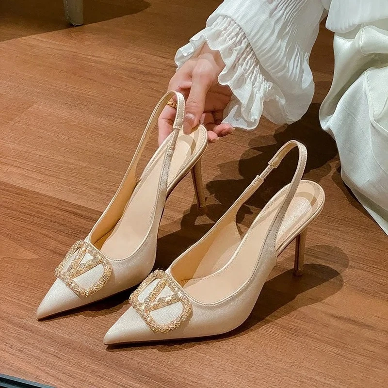 2026 New Sexy Champagne Color Diamond Bule Sandals High Heels Hollow out Bal Slip-On Faionable Low Cut Pointed Toe Women oes