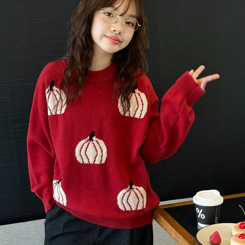 Winter Christmas Sweater for Girls Red Jacquard New Year Knitted Tops Casual All-match Teen Children Clothes Daily Kids Pullover