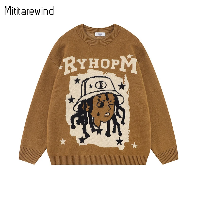 

High Street Fashion Knitwears for Boys and Boys Cartoon Embroidered Sweater Spring Couple Loose Sweater Youth Casual Pullovers