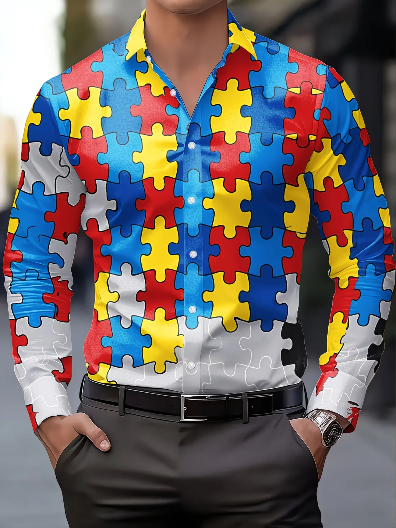 

New men's colorful puzzle full 3D printed long sleeved shirt, personalized casual daily wear, floral shirt