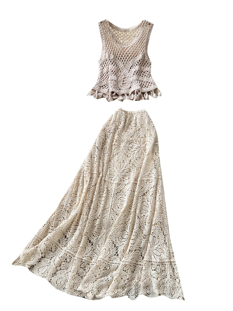 Retro Lace Hollow Hook Flower Set Women's Sleeveless Vest High Waist  Skirt Design Sense Two Piece Set Summer 2026