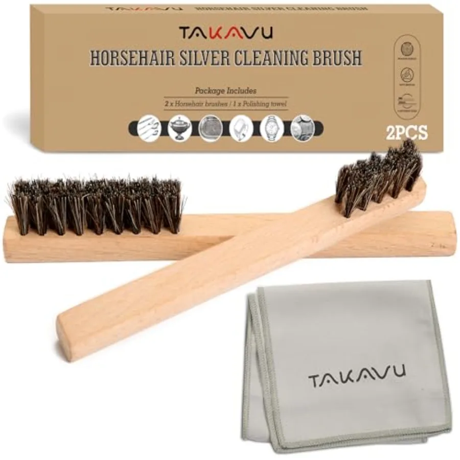 Horsehair Detail Brush Set, Silver Cleaning Brushes and Polish Cloth for Silverware Plateware Jewelry