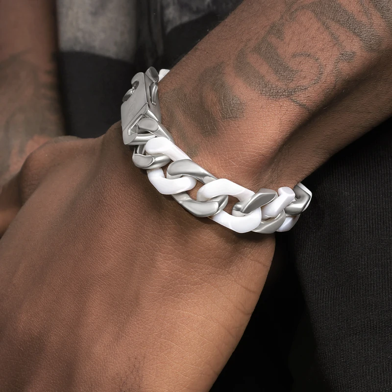 Splicing white ceramic Cuban chain bracelet, men's hip-hop European and American personalized style