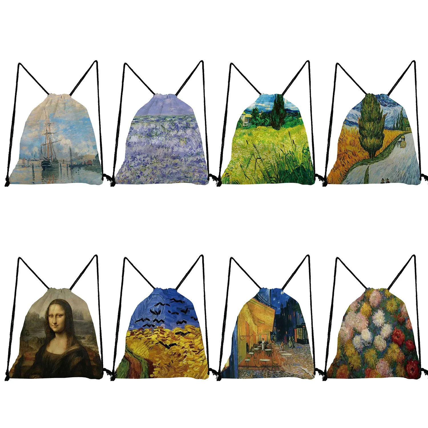 Bolsas de almacenamiento de compras plegables para mujer, mochila de viaje de arte Retro, pintura al óleo de Van Gogh, bolsillo con cordón, nueva moda