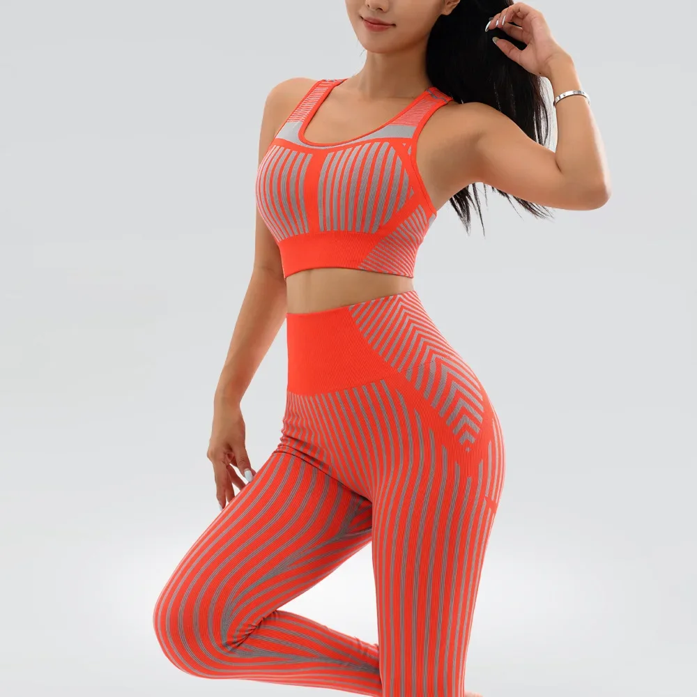 2 pçs sem costura conjunto de yoga neon verde listrado colete colheita superior com cintura alta leggings ternos esportivos fitness treino ginásio roupas