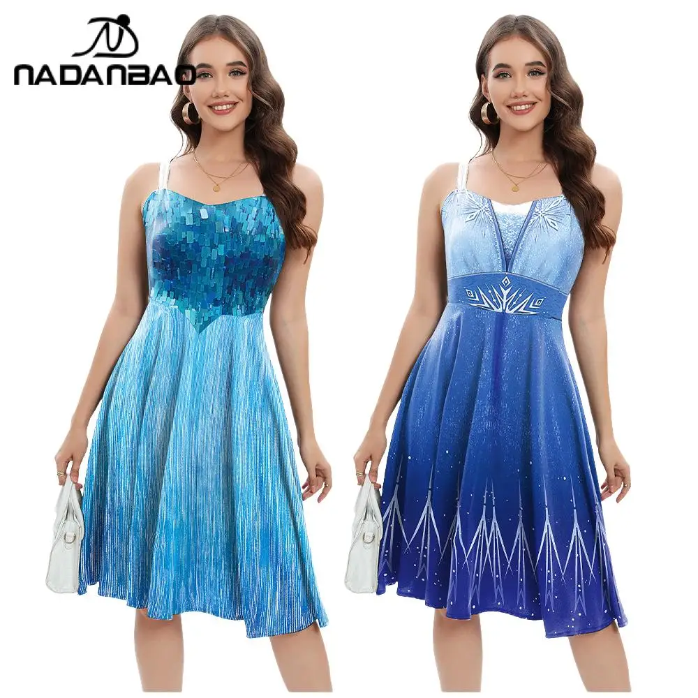 

Nadanbao Women Elsa Cosplay Dress Queen Movie 3D Print Dress Summmer Sleeveless Strap Dresses Princess Halloween Party Clothing
