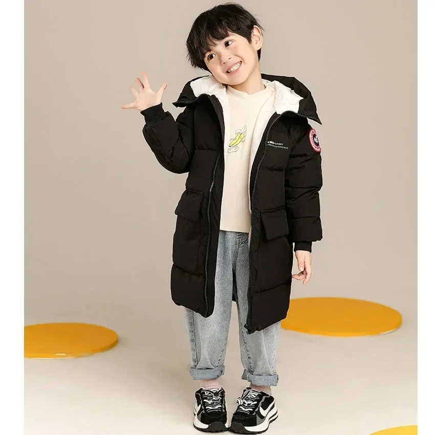 New Winter Boys Jacket Solid Color Mid-Length Keep Warm Cold Protection Hooded Down Cotton Windbreaker Coats For