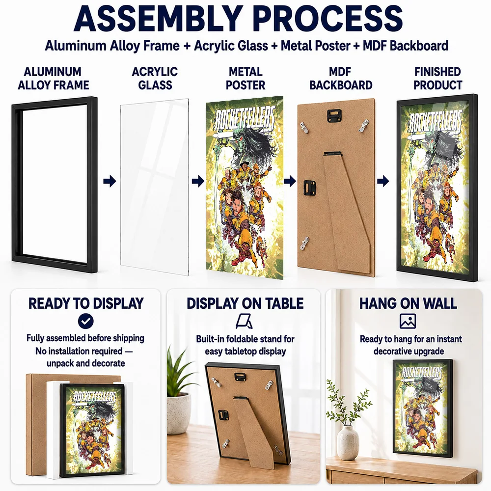 The Rocketfellers Comic Book Framed Aluminum Metal Poster Personalized Illustrated Wall Art For Home Office And Reading Room