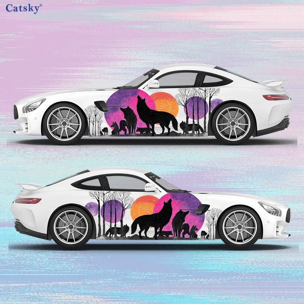 Black Wolf Pack Colorful Mandala Car Side Car Wrap, Self-Adhesive PVC Waterproof & Scratch-Resistant Sticker, Car Accessory Gift view 5