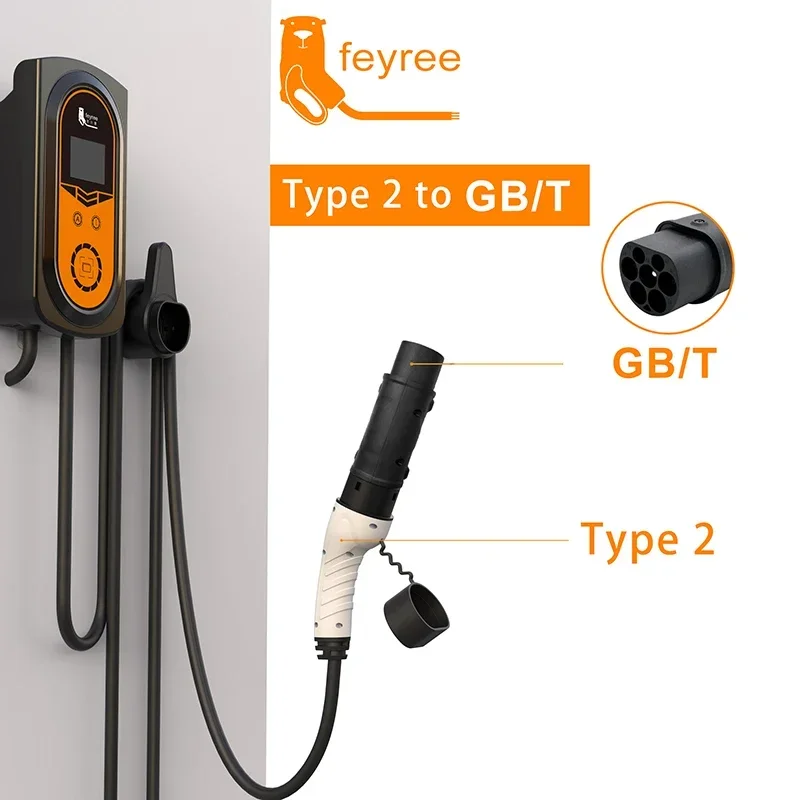 Feyree Type2 to GBT Adapter 7kw 22kw 3 Phase IEC 62196-2 Chargers Converter for Electric Cars with Chinese GB/T Charging Socket