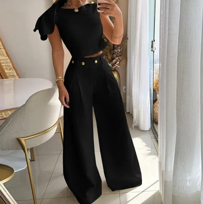 New Two Pieces Sets Women Outfit Solid Color Sleeveless T Shirt and Button Decor Wide Leg Pant Casual Suits Female Clothing